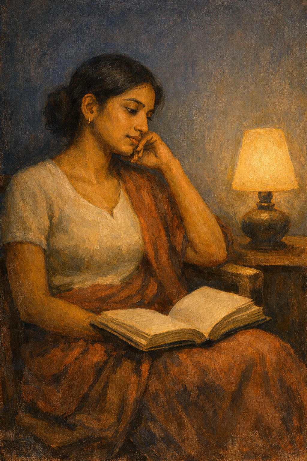 A woman reading by lamplight